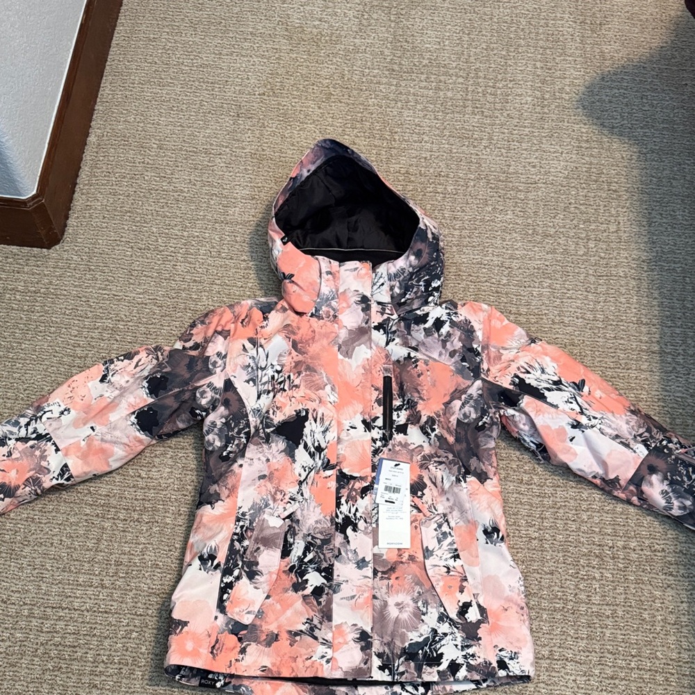Roxy Women’s Puffer Jacket - Pink and Black Floral - Brand New